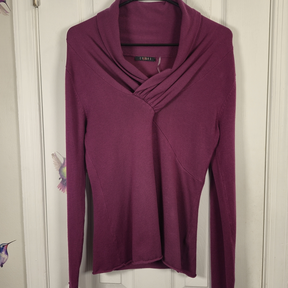 Cyrus Plum Ruched Surplice V-Neck Long Sleeve Knit Sweater Medium - Picture 2 of 8